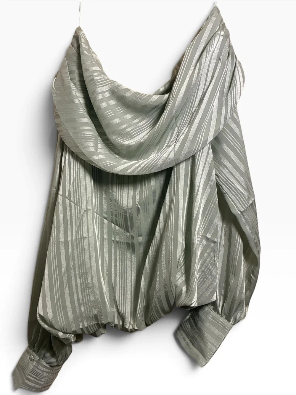 easel Sage Green Metallic Stripe Satin Scarf Blouse